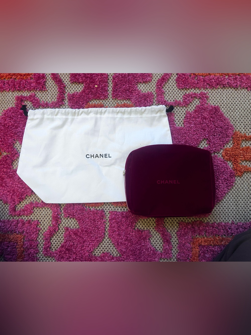 CHANEL Velvet Cosmetic Pouch in Rich Wine Red and Chanel dust cover